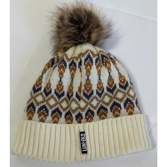 LUK-EES by Muk Luks Ladies Wool Blend Winter Hat Cream/Brown Fuzzy Ball OSFM - Picture 1 of 7